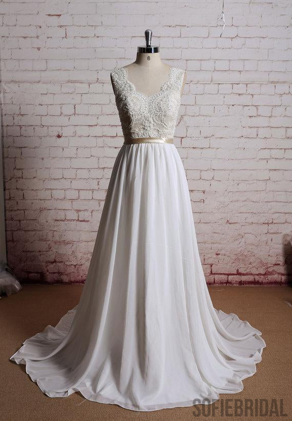 Lace V Neck A-line Cheap Beach Wedding Dresses Online, WD386