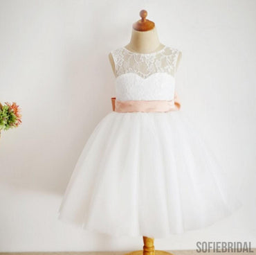 Lovely Illusion Lace Top Tulle Flower Girl Dresses with Knot Bow, Little Girl Dresses, FG082