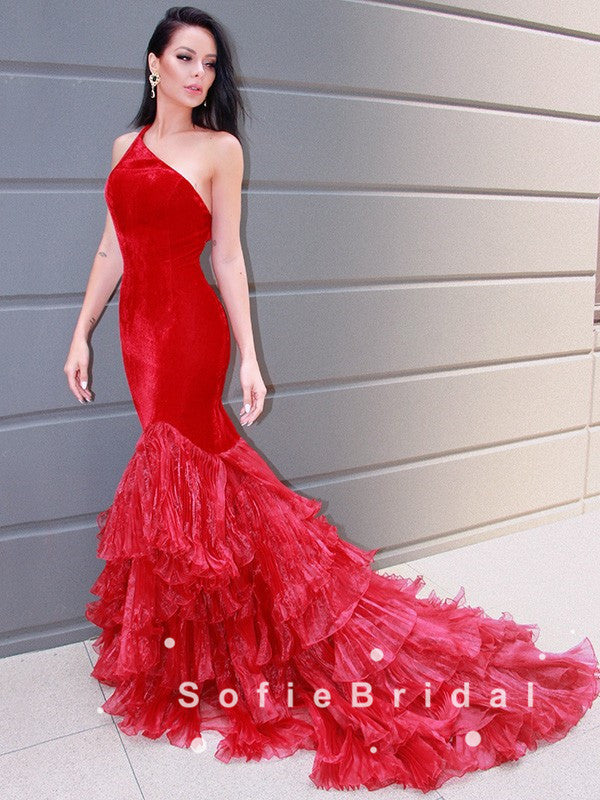Mermaid One Shoulder Red Velvet Custom Long Prom Dresses,SFPD0049