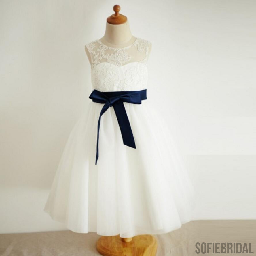 Illusion Lace Tulle Flower Girl Dresses with Navy Belt, Affordable Flower Girl Dresses, FG083