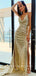 Sheath Spaghetti Straps Split Side Gold Sequin Cheap Long Prom Dresses,SFPD0050