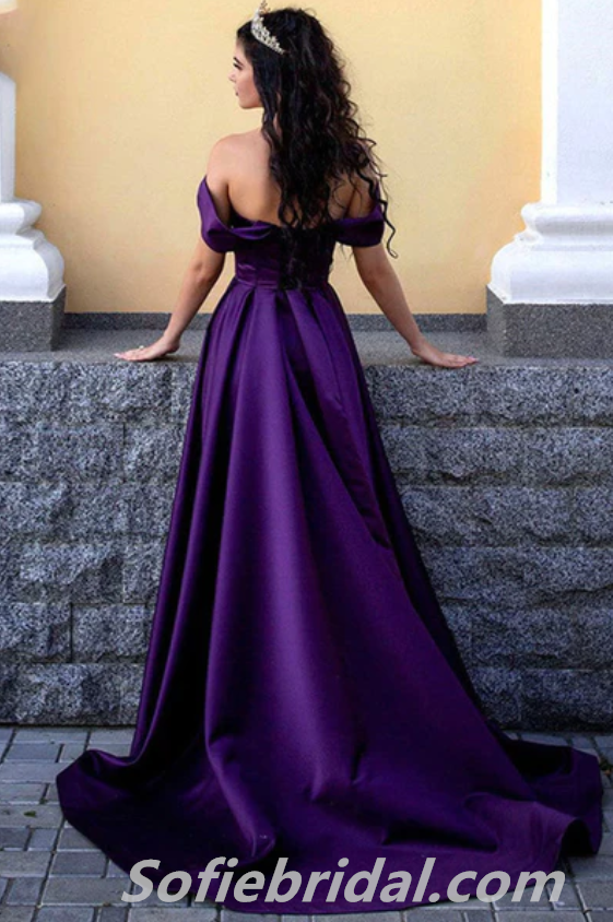 Elegant Purple Satin Off Shoulder V-Neck A-Line With Side Slit Long Prom Dresses,SFPD0315