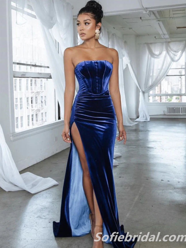 Simple Royal Blue Velvet Strapless Long Prom Dresses With Split,SFPD0213