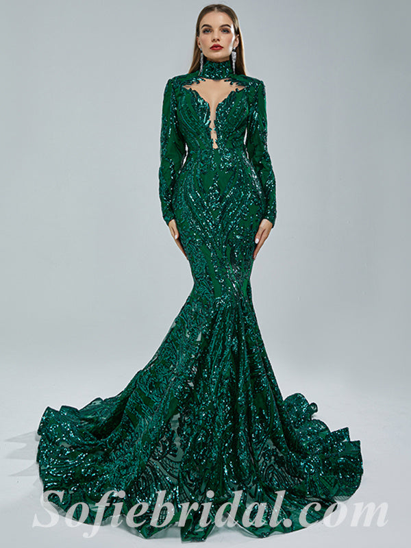 Elegant Dark Green Special Fabric Long Sleeve High Neck Mermaid Long P SofieBridal Elegant Dark Green Special Fabric Long Sleeve High Neck Mermaid Long P SofieBridal