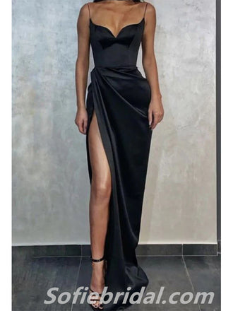 Sexy Black Satin Spaghetti Straps V-Neck Side Slit Mermaid Long Prom Dresses,SFPD0295