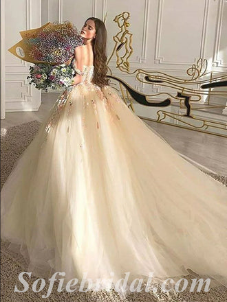 Gorgeous Tulle Off Shoulder V-Neck Sleeveless A-Line Long Prom Dresses/Ball Gown With Applique,SFPD0518
