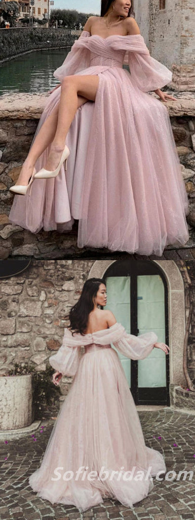 Sexy Tulle Off Shoulder Long Sleeve A-Line Side Slit Long Wedding Dresses,SFWD0069