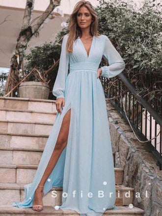 Simple A-Line V-Neck Long Sleeves Chiffon Split Side Long Prom Dresses,SFPD0004