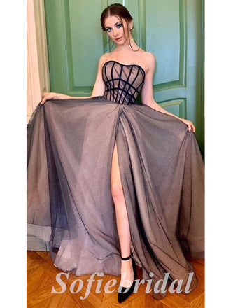 Sexy Sequin Tulle Sweetheart Sleeveless Side Slit A-Line Long Prom Dresses, PD0817