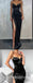 Sexy Black Satin Spaghetti Straps V-Neck Side Slit Mermaid Long Prom Dresses,SFPD0295
