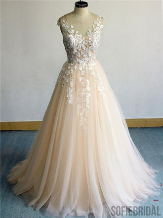 A-line Round Neck Long Tulle Lace Appliques Prom Dresses, PD0095