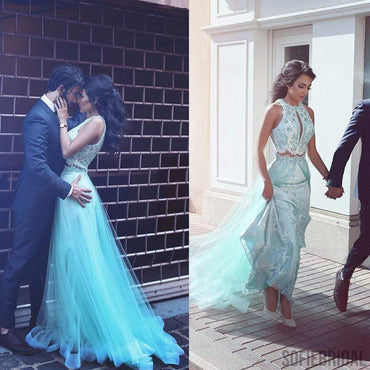 Silver Beaded Two Pieces Long A-line Tulle Prom Dresses, Long Prom Dresses For Prom, PD0219