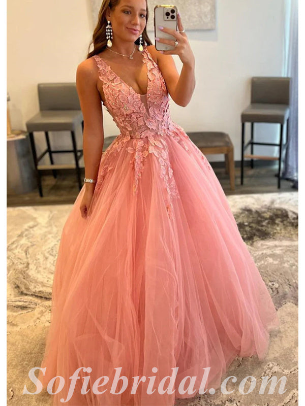 Elegant Tulle Spaghetti Straps V-Neck Sleeveless A-Line Long Prom Dresses With Applique And Beading,SFPD0543