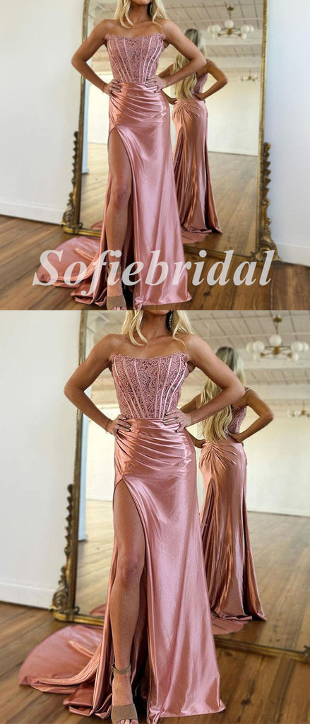 Sexy Lace And Satin Sweetheart Sleeveless Side Slit Mermaid Long Prom Dresses, PD0867