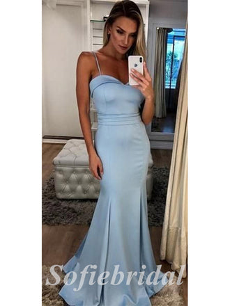 Sexy Satin Spaghetti Srtraps V-Neck Sleeveless Mermaid Long Prom Dresses,PD0785