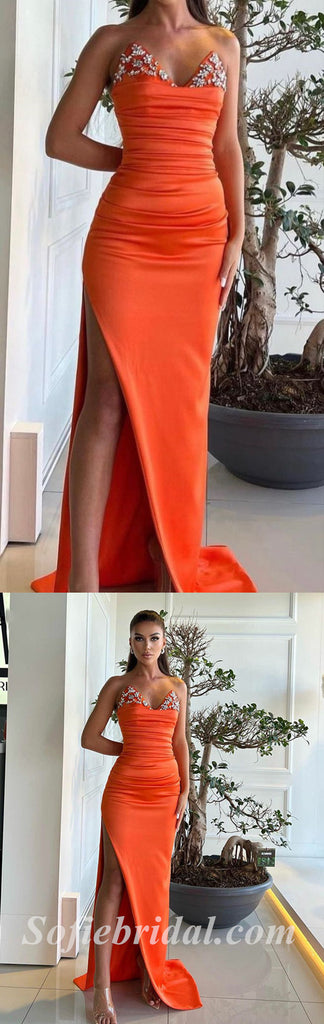 Sexy Orange Satin Sweetheart V-Neck Sleeveless Side Slit Mermaid Long Prom Dresses With Beading,SFPD0550