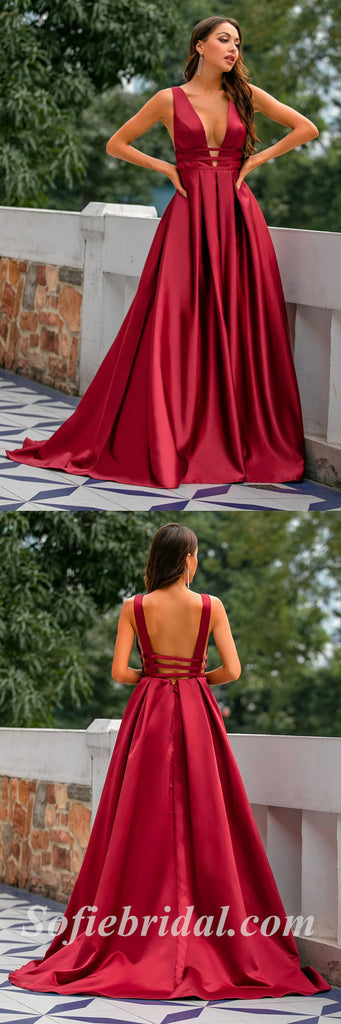 Sexy Burgandy Satin Spaghetti Straps V-Neck Sleeveless Open Back A-Line Long Prom Dresses,SFPD0400