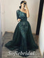 Elegant Tulle Sequin Lace One Shoulder Long sleeve Side Slit Mermaid Long Prom Dresses With Train, PD0821