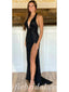 Sexy Black Sequin Halter Deep V-Neck Sleeveless Side Slit Mermaid Long Prom Dresses,SFPD0539