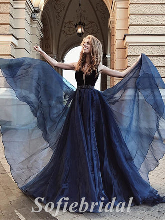 Elgant Velvet Top Tulle Bottom Spaghetti Straps V-Neck Sleeveless Side Slit A-Line Long Prom Dresses,SFPD0629