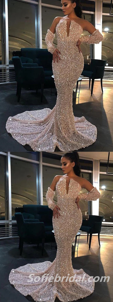 Sexy Charming Sequin Sweetheart V-Neck Mermaid Long Prom Dresses,SFPD0255