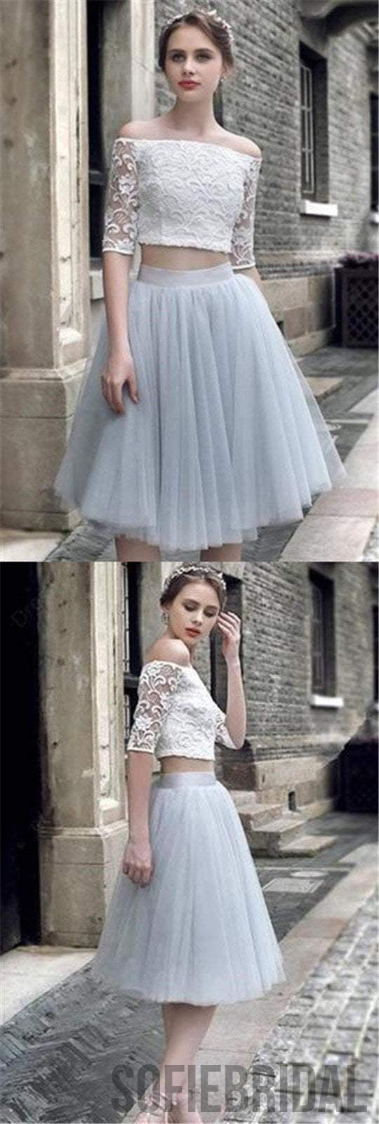 2 pieces Lace Top Half Sleeve Light Grey Tulle Skirt Homecoming Dresse SofieBridal 2 pieces Lace Top Half Sleeve Light Grey Tulle Skirt Homecoming Dresse SofieBridal
