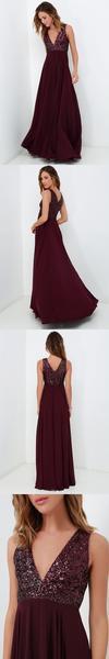 Maroon V-neck Sleeveless Long A-Line Sequin Top Chiffon Prom Dresses, WD0222
