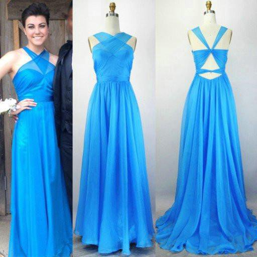 Blue Special Design Long A-line Chiffon Prom Bridesmaid Dresses, PD0297