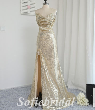 Sexy Sequin Sweetheart V-Neck Sleeveless Side Slit Mermaid Long Prom Dresses, PD0838