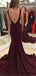 Mermaid Scoop Neck Backless Burgundy Prom Dresses With Train, PD0034