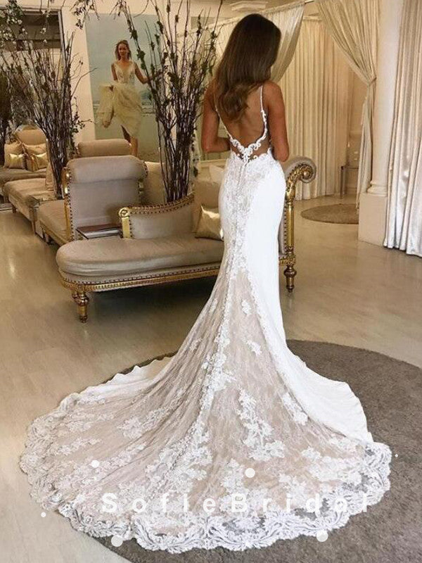 Shop beading spaghetti straps ruffled white mermaid wedding dress from