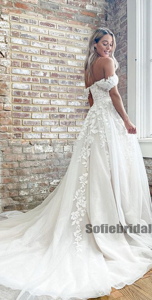 Charming Off-shoulder A-line Simple Long Wedding Dresses Online,SFWD0044
