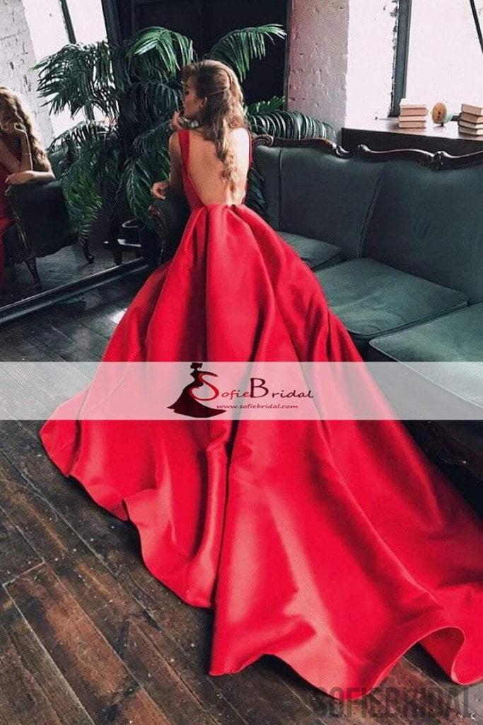 Scoop Backless Red A-line Satin Prom Dresses, Long Train Prom Dresses, SofieBridal Scoop Backless Red A-line Satin Prom Dresses, Long Train Prom Dresses, SofieBridal