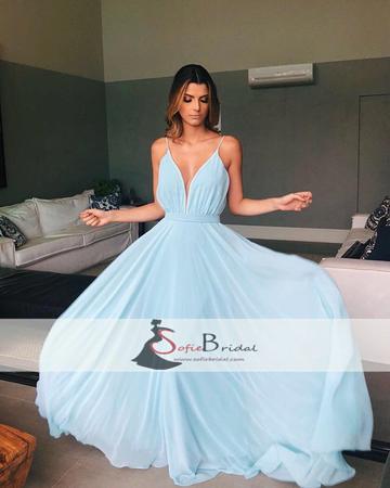 Spaghetti V-neck Light Blue A-line Chiffon Prom Dresses, Simple Prom Dresses, Bridesmaid Dresses, PD0471
