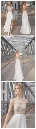 Beautiful White Side Split Prom Dress, Open Back Charming Bridesmaid Dresses, Cheap Simple Beach Wedding Dress, WD0190