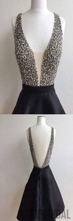 Short black rhinestone backless sexy freshman homecoming prom dress,BD0050