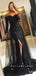 Mermaid Off The Shoulder Long Sleeves Black Split Side Detachable Prom Dresses With Lace,SFPD0052