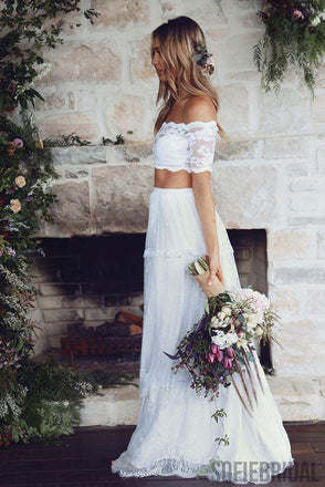 White Sexy Two Pieces Long Sleeve Lace Wedding Dresses Online, WD360