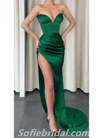 Sexy Satin Sweetheart Sleeveless V-Neck Side Slit Sheath Long Prom Dresses,SFPD0288