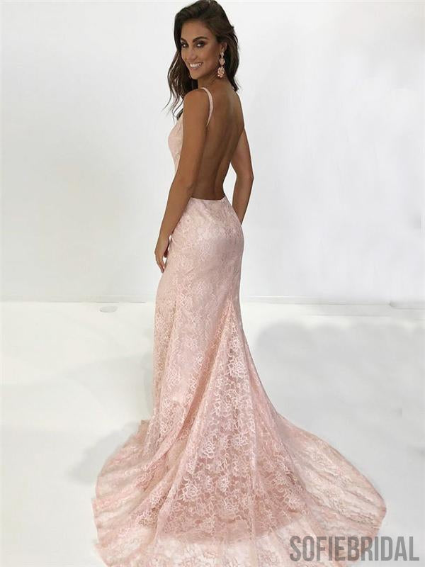 Blush Pink Lace Mermaid Prom Dresses, Long Prom Dresses, Backless Prom Dresses, PD0643