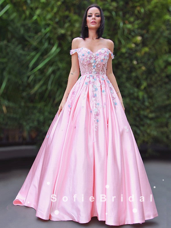 Ball Gown Off The Shoulder Pink Floor Length Prom Dresses With Appliques,SFPD0053