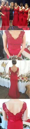 Red Lace Off Shoulder V-Neck Mermaid Long Charming Inexpensive Sexy Bridesmaid Dresses, WG53