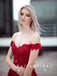 A-Line Off The Shoulder Red Satin Beaded Long Prom Dresses With Lace,SFPD0054