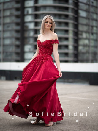 A-Line Off The Shoulder Red Satin Beaded Long Prom Dresses With Lace,SFPD0054