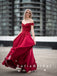 A-Line Off The Shoulder Red Satin Beaded Long Prom Dresses With Lace,SFPD0054