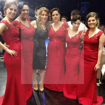 Red Lace Off Shoulder V-Neck Mermaid Long Charming Inexpensive Sexy Bridesmaid Dresses, WG53