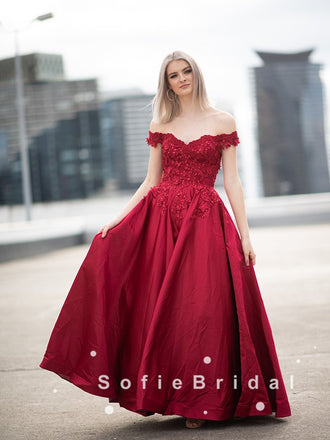 A-Line Off The Shoulder Red Satin Beaded Long Prom Dresses With Lace,SFPD0054