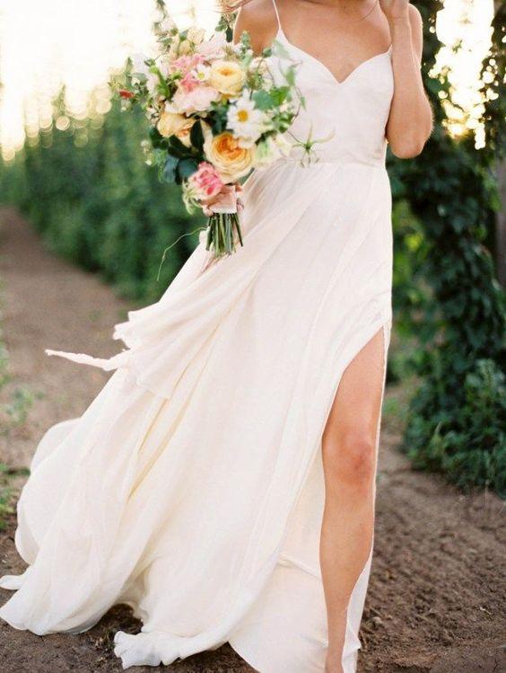 Casual Spahgetti Straps V Neck Side Slit Simple Beach Wedding Dresses, SofieBridal Casual Spahgetti Straps V Neck Side Slit Simple Beach Wedding Dresses, SofieBridal