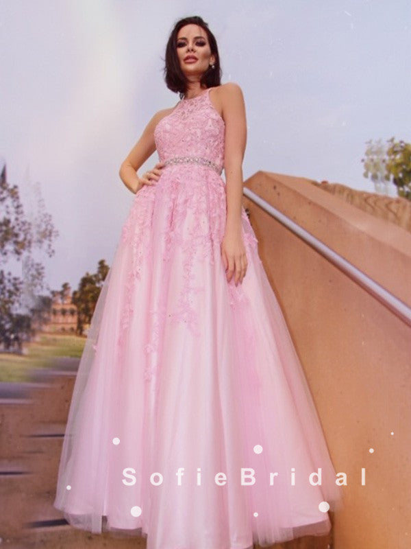 A-Line Halter Pink Tulle Lace Long Prom Dresses With Beading,SFPD0055