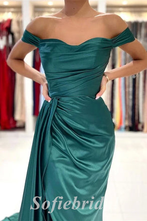 Sexy Satin Off Shoulder Sleeveless Side Slit Mermaid Long Prom Dresses With Trailing,SFPD0615